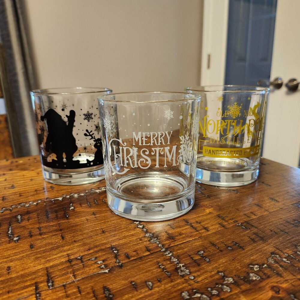 SET of 3 Christmas Themed 10 ounce Rocks Glasses